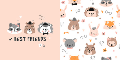 Сhildish pattern with cute forest animals. Baby shower greeting card. Zoo seamless background, cute vector texture for kids bedding, fabric, wallpaper, wrapping paper, textile, t-shirt print