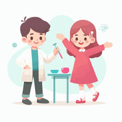 Science kids. Children in chemistry laboratory little boys and girls vector cute people. Laboratory science, laboratory education experiment illustration