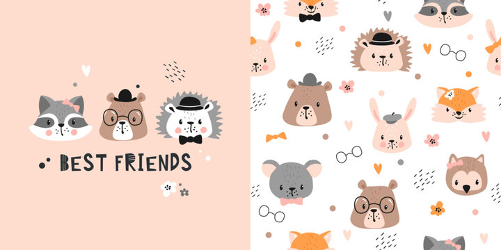 Сhildish pattern with cute forest animals. Baby shower greeting card. Zoo seamless background, cute vector texture for kids bedding, fabric, wallpaper, wrapping paper, textile, t-shirt print