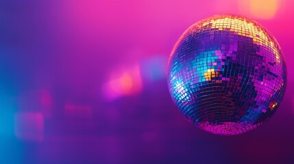 A vibrant disco ball reflecting colorful neon lights, creating a lively and festive atmosphere.