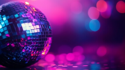 Close-up of a shimmering disco ball against vibrant neon-colored bokeh lights, perfect for parties and nightlife themes.