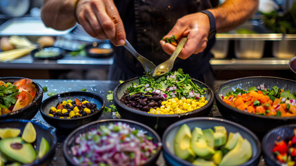 Obraz premium a chef preparing a Mexican-Japanese poke bowl, featuring marinated fish, corn, black beans, and avocado, with vibrant ingredients spread out on a countertop