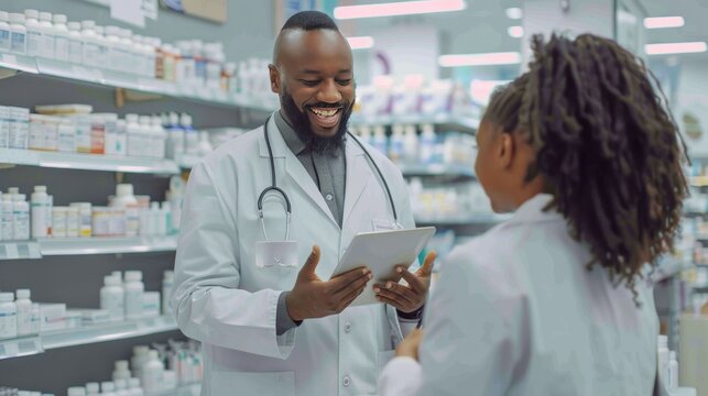 Pharmacist Consulting a Patient Using a Tablet in a Pharmacy