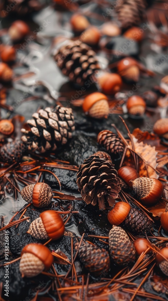 Poster a close-up view of the forest floor in autumn, showcasing a variety of pine cones and acorns scatter
