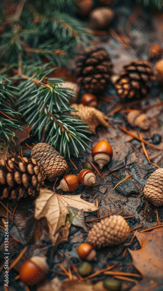 Poster acorns and pine cones rest on a bed of fallen leaves and pine needles on the forest floor. the fores