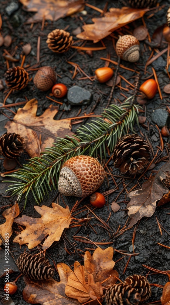 Poster a collection of fallen pine cones and acorns rest among brown leaves and pine needles on a forest fl