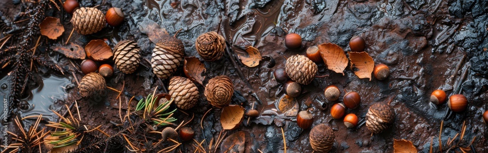 Poster pine cones and acorns lay scattered on the forest floor, covered in damp leaves. water puddles in th