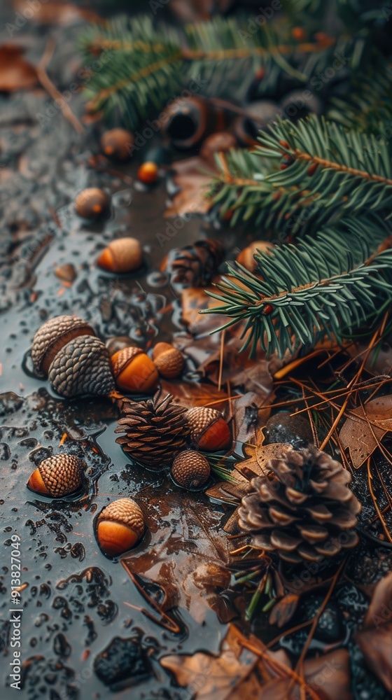 Poster A close-up view of a forest floor with fallen acorns, pine cones, and evergreen branches in a puddle of water. The light shines through the branches, highlighting the texture of the natural elements.