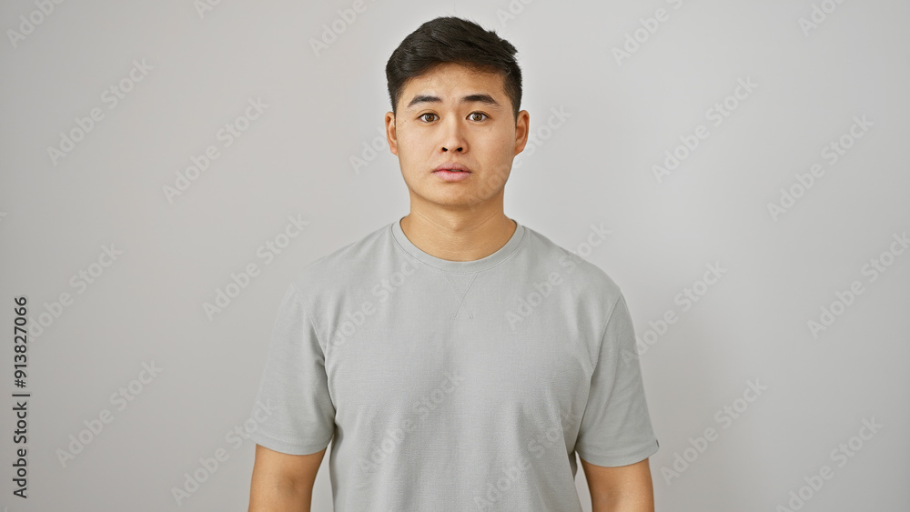 Wall mural portrait of a young asian man dressed casually against a white isolated background, looking serious 