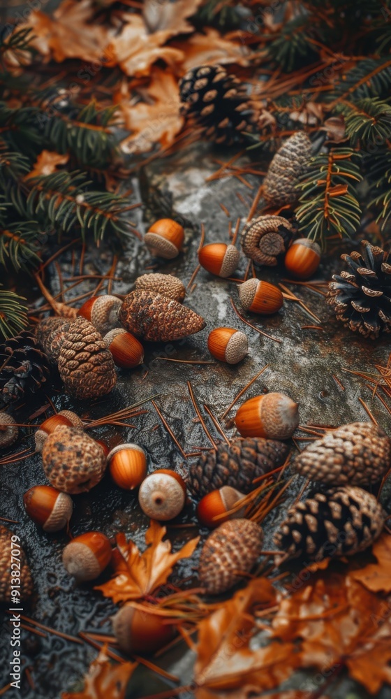 Poster acorns and pine cones are scattered amongst fallen leaves on the forest floor. the acorns are brown 