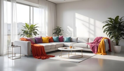 Comfortable sofa in room with concrete walls. Minimalist style interior design of modern living room.
