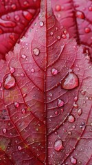Fototapeta premium A close-up photograph of a single red leaf with many water droplets resting on its surface. The droplets are reflecting the light, creating a glistening effect. The leaf's veins and texture are clearl