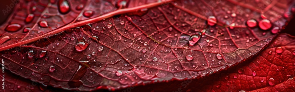 Poster the image shows a close-up of two red autumn leaves, one on top of the other. the top leaf has a thi