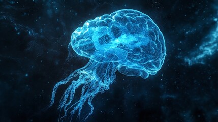 A neon blue digital illustration of a brain in the shape of a jellyfish against a dark background, symbolizing artificial intelligence. 3D Rendering