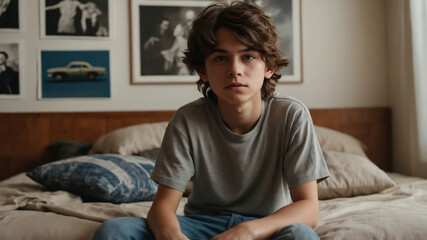 Obraz premium Relaxed and Thoughtful Gen Z Boy in a Cozy Bedroom Setting for a Comfortable Home Vibe