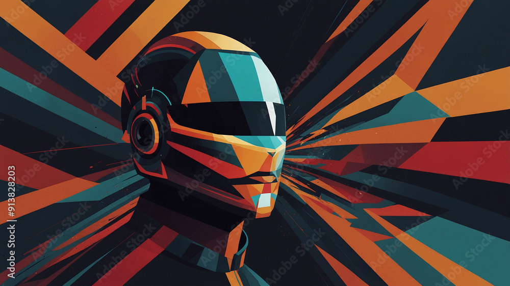 Aufkleber futuristic racer in helmet with abstract colorful rays background in polygonal style