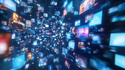 Blogging and streaming concept with many digital life style screens on abstract blue background