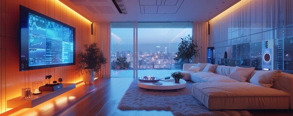 Futuristic minimalist living room with cityscape view and high-tech digital display