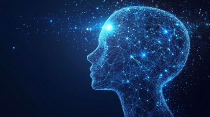 Obraz premium Digital profile of a human head with interconnected lines and dots, artistic, on a deep blue background, concept of digital mind. Generative