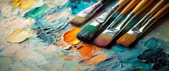 Obraz premium Artistic painting tools, paintbrushes and palette on an artist's table.