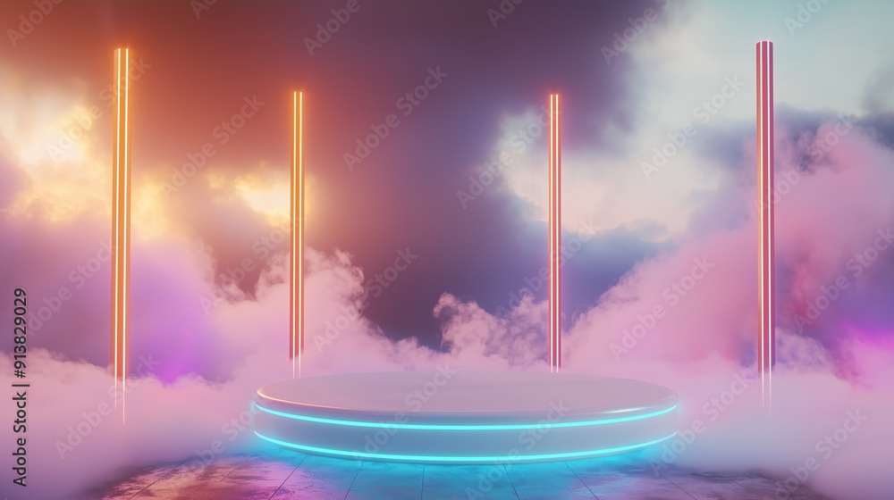 Poster a photo of an empty 3d podium with a futuristic design, surrounded by neon lights and floating in th