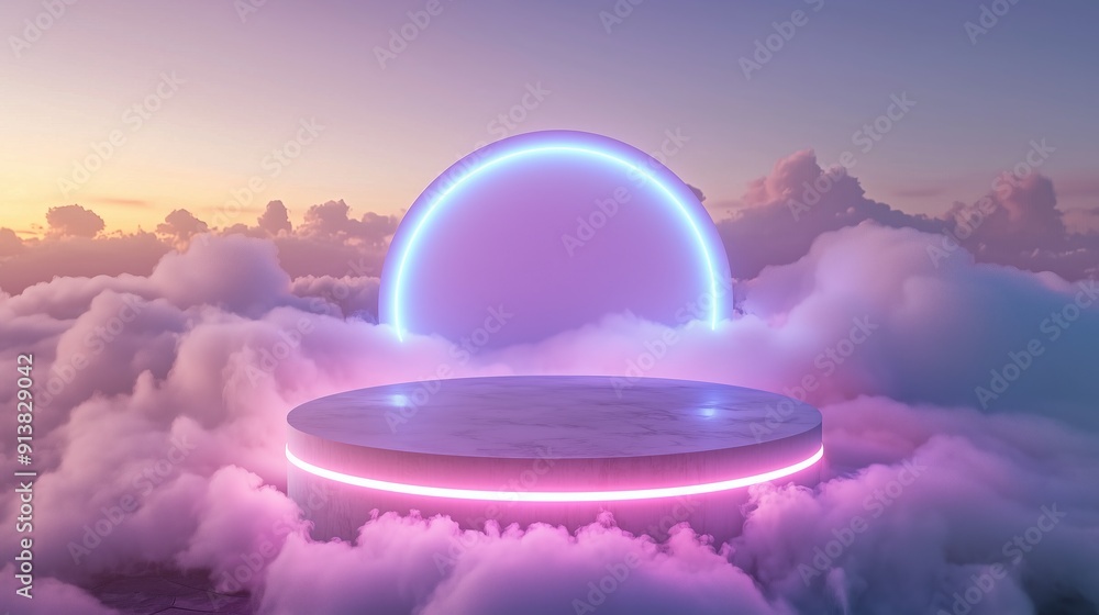 Poster a photo of an empty 3d podium with a cutting-edge design, bathed in neon lights and floating among t