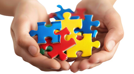 Puzzles in hand on transparent background