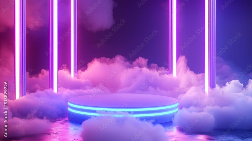 Poster a photo of an empty 3d podium with a cutting-edge design, bathed in neon lights and floating among t