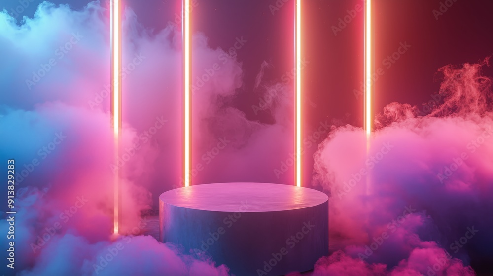 Poster a photo of an empty 3d podium with a minimalist design, highlighted by neon lights and enveloped by 