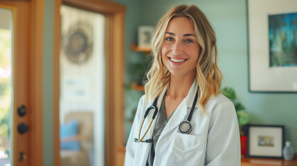 Smiling female doctor with stethoscope standing in a bright, welcoming office. Concepts of healthcare, professionalism, and friendly medical environments.