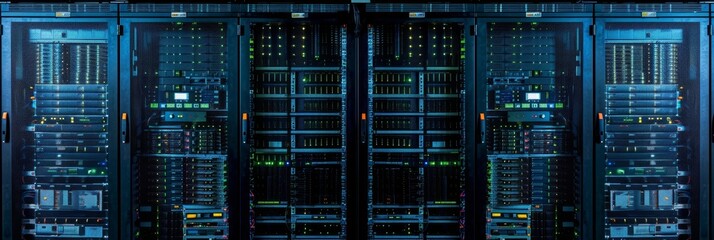 Super computer technology. Multiple rows of modern server racks. Telecommunications, cloud computing, artificial Intelligence and database
