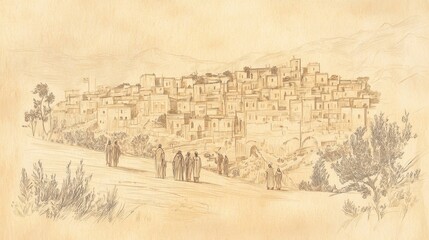 Fototapeta premium Biblical Illustration of The Allotment for Manasseh: The people of Manasseh building homes and establishing towns in their new territory, Beige Background