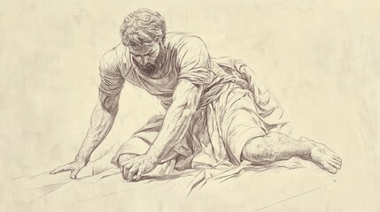 Obraz premium Biblical Illustration of The Kings Defeated: Joshua placing his foot on the necks of defeated kings as a sign of conquest, Beige Background