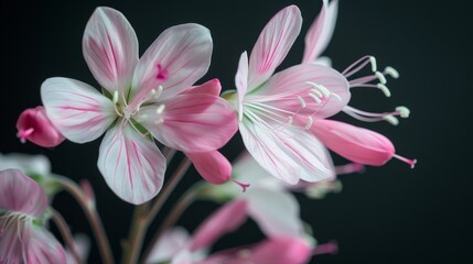  A pink and white flower in focus against a black backdrop Blurred depiction of floral center