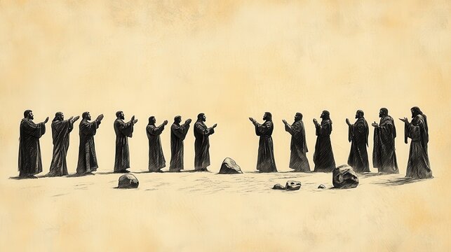 Biblical Illustration of Memorial Stones: Joshua speaking to the twelve leaders, instructing them to gather stones from the Jordan, Beige Background