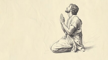 Obraz premium Biblical Illustration of Joshua's Commission: Joshua kneeling in prayer, seeking God's guidance and strength before leading the Israelites, Beige Background