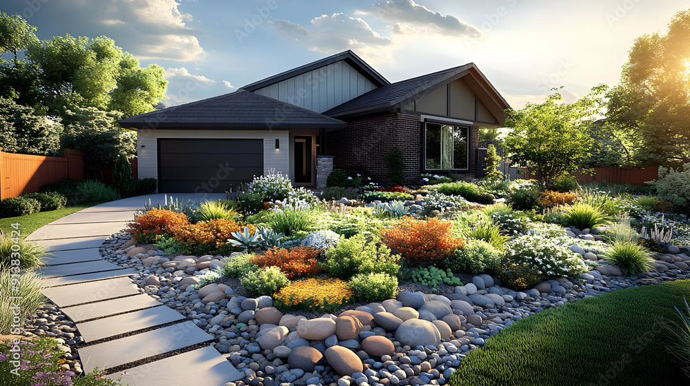 Sticker Modern House with Stone Pathway and Lush Garden - 3D Illustration