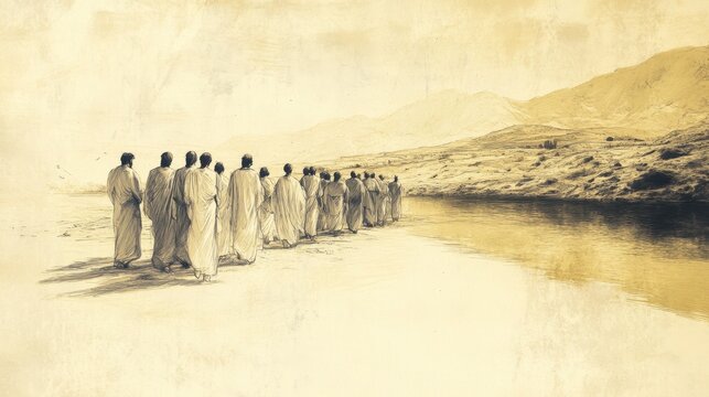 Biblical Illustration of Crossing the Jordan: The Israelites looking back at the Jordan River, amazed at the miracle, Beige Background
