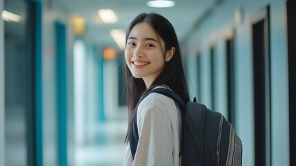 Cheerful young female student Asian teenager with backpack, schoolgirl joyfully smiling, Japanese or Chinese female academic person standing in hallway or corridor of collage university or high school