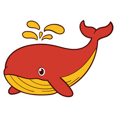 Red Cartoon Whale with Spout of Water and Cheerful Eyes