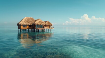  House atop stilts over water's expanse, blue sky and clouded backdrop above