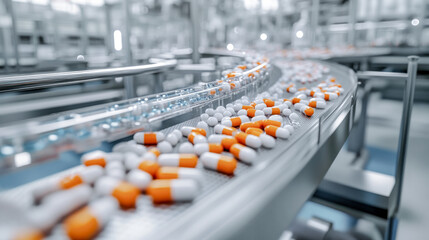 Obraz premium Pharmaceutical Industry Hand Holding Colorful Capsules in a Pharmacy Setting. This image captures the essence of the pharmaceutical industry with a hand holding capsules, symbolizing production.