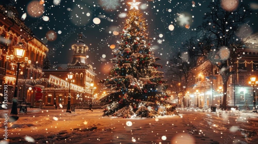 Poster a large, decorated christmas tree stands illuminated in the center of a snowy city street at night. 
