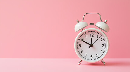 Classic white alarm clock with two bells on a pink background, symbolizing time management and punctuality.