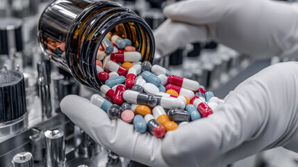 Pharmaceutical Industry Hand Holding Colorful Capsules in a Pharmacy Setting. This image captures the essence of the pharmaceutical industry with a hand holding capsules, symbolizing production.