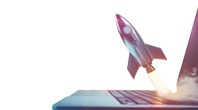 Rocket exiting laptop screen on transparent background