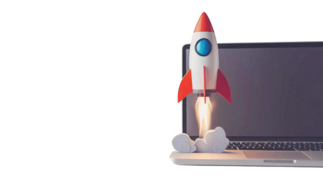 Rocket exiting laptop screen on transparent background