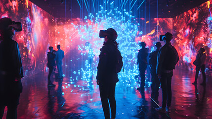 Obraz premium Futuristic holographic display showcasing immersive virtual reality artworks in a cutting-edge art exhibition.