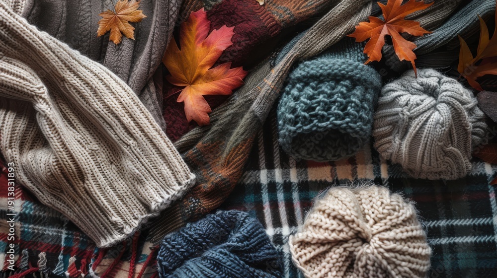 Poster a close-up of a plaid blanket with knitted hats and fall leaves, the warm colors of autumn are empha