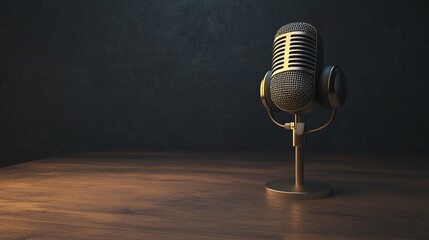 Podcasting and radio concept with retro microphone and headphones on empty wooden table and dark blank wall background with place for your logo or text. 3D rendering, mock up